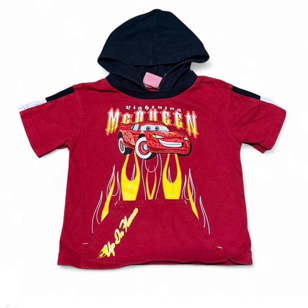Y2K Disney Pixar Cars Lightning McQueen Boys Hooded T Shirt Red Size 2T